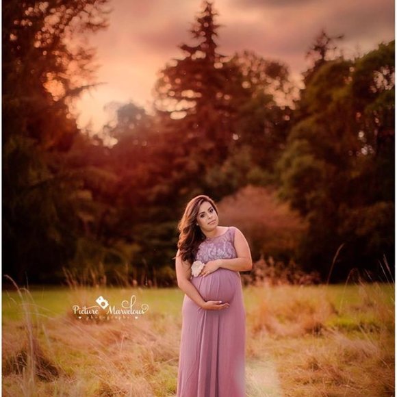 NWT Maternity Maxi Dress Mauve With Lace Trim & Sash. Soft material. - Picture 2 of 8